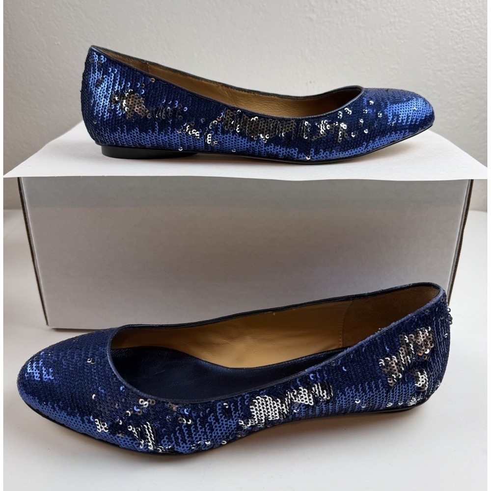 American Glamour Badgley Mischka Blue Silver Flip Sequin Ballet Flats Womens 8M